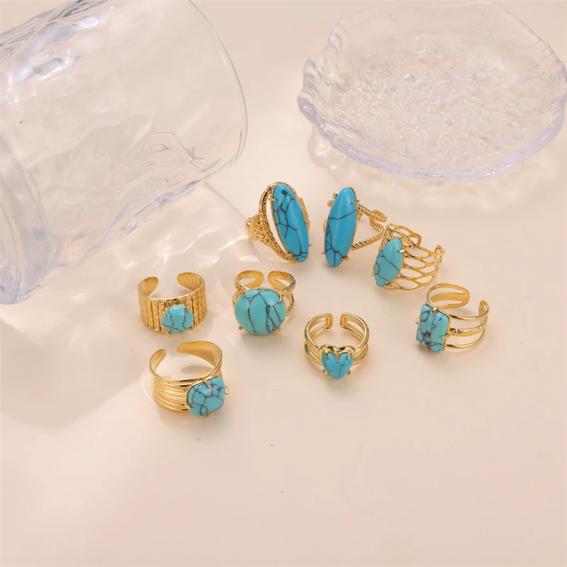 Geometric Turquoise Stainless Steel Rings For Women Elegant Adjustable Opening Rings Vintage Fashion Jewelry Girls Gift 2024