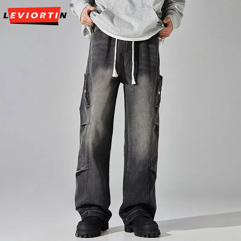 

Мужские осенние американские потертые джинсовые брюки-карго в стиле ретро, модные уличные свободные прямые брюки на шнурке