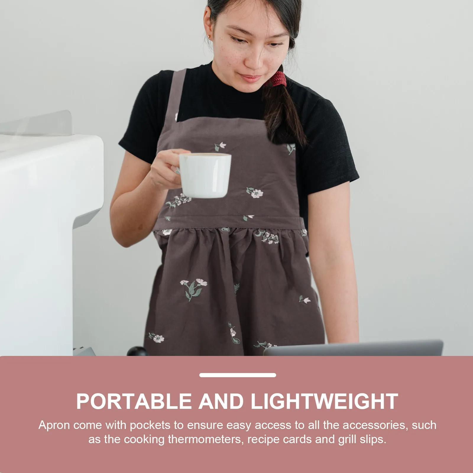 Cotton Linen Embroidered Apron Women Heavy Duty Apron with Pockets for Cooking Baking Gardening Florist Hotel Workshop Use