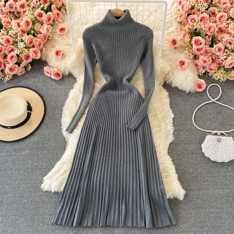 Women Chic Turtleneck Long Sleeve Sexy A-line Sweater Dress Vintage Korean Fashion Knit Vestido Elegant Autumn Winter Knitwear