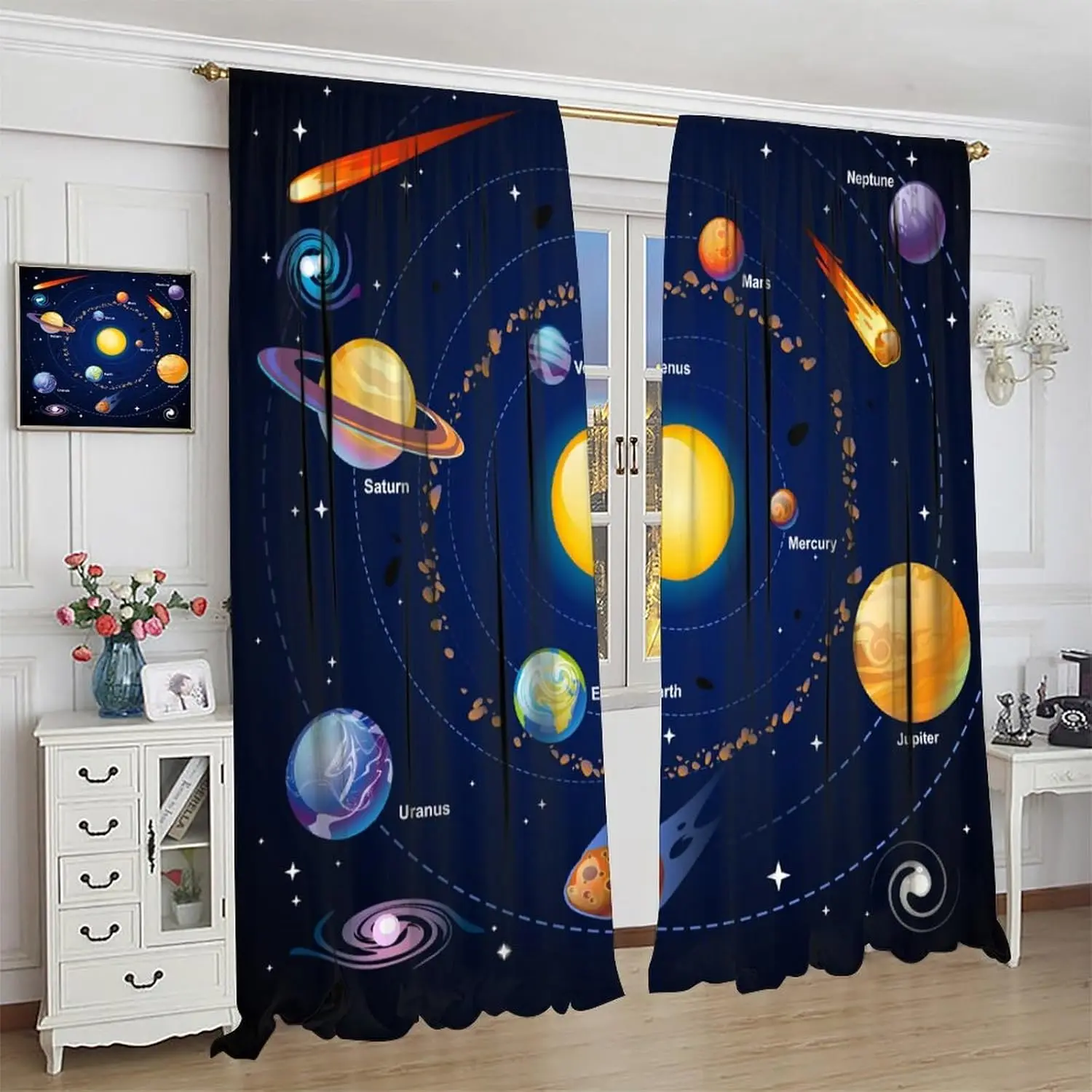 Solar System Window Curtains for Kids, Outer Space Window Treatments for Bedroom Universe Planets Galaxy Astronomy Window Drapes