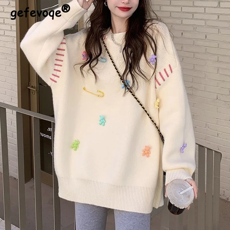 

Women Tredny Casual Streetwear Oversized Kawaii Knitted Sweater Y2K Female O Neck Long Sleeve Pullover Tops Autumn Winter Jumper