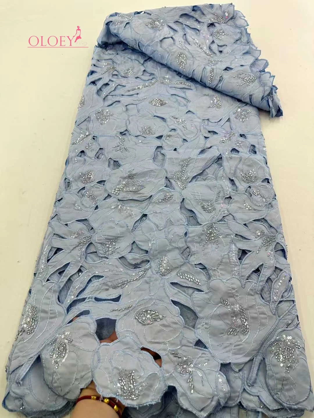 OLOEY African Nigerian High-Quality Embroidery Tulle Lace Fabric Guipure Water-Soluble Sequins for Wedding Party Dresses Sewing