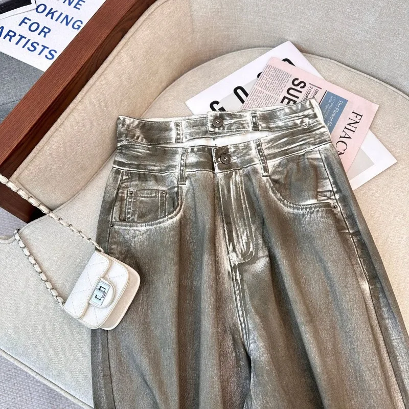 Primavera spice girl jeans de perna larga design infantil sentido solto mancha e fino versátil calças de chão reto estilo americano