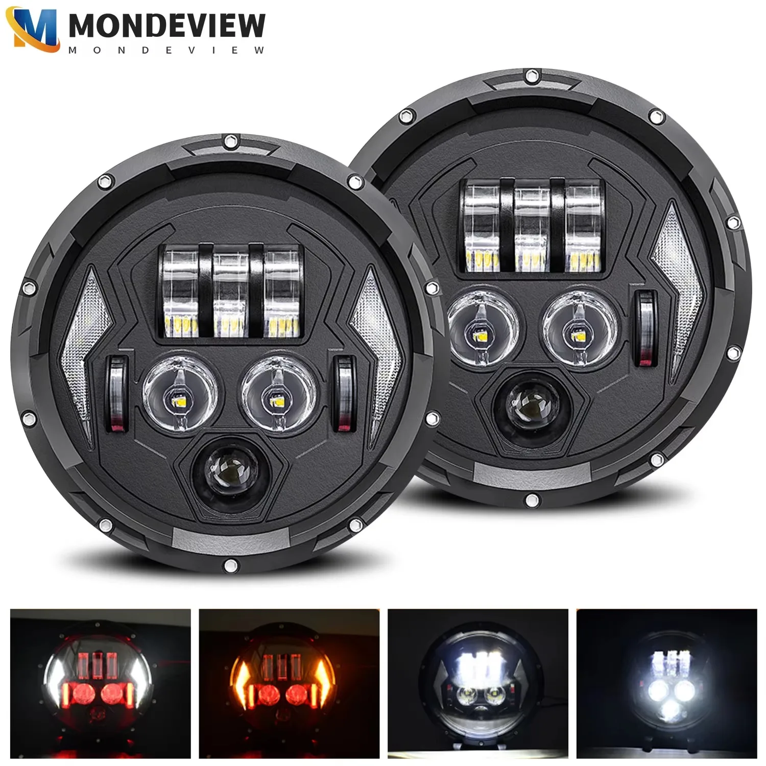 MONDEVIEW R8 7-inch Wrangler LED Headlights 8000LM High Brightness Turn Signal Lights 180W High Power Daytime Running Lights