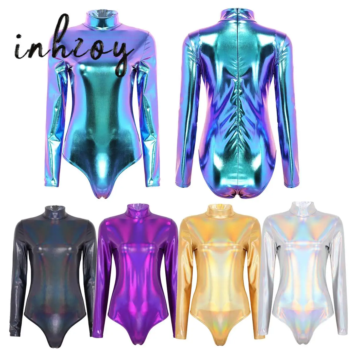 

Women Shiny Glossy Clubwear Long Sleeve Turtleneck Zipper Leotard Top Artistic Gymnastics Jumpsuit for Rave Party Pole Dancing