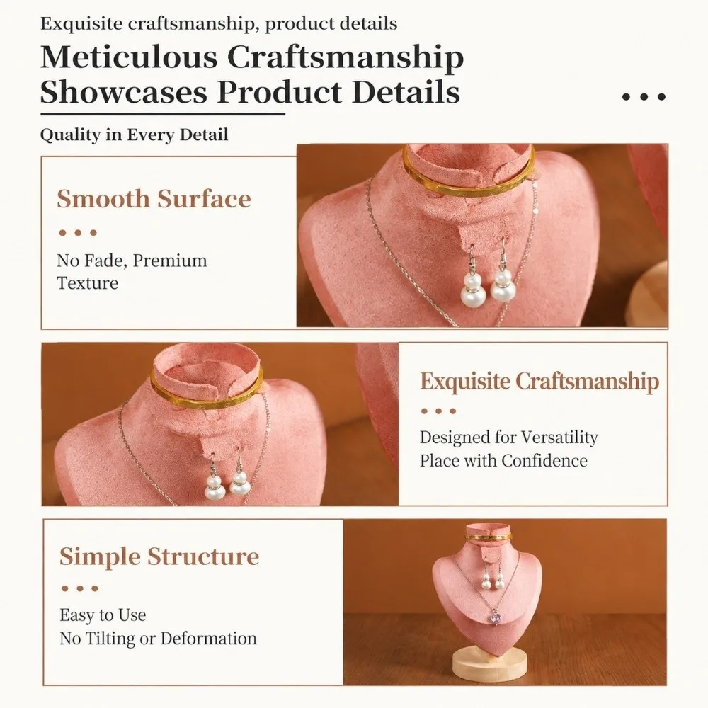 Solid Wood Jewelry Display Bust Velvet Surface 3 In 1 Design Jewelry Stand Human Neck Shape Pink Velvet Cover