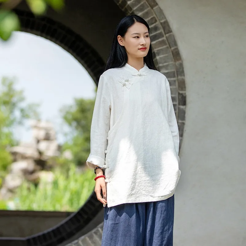الرجعية الصينية Sle الوقوف طوق ميدي irt المرأة الجديدة الربيع الصيف الكتان الشاي شخص الملابس زن Sle زر حتى بلوزة