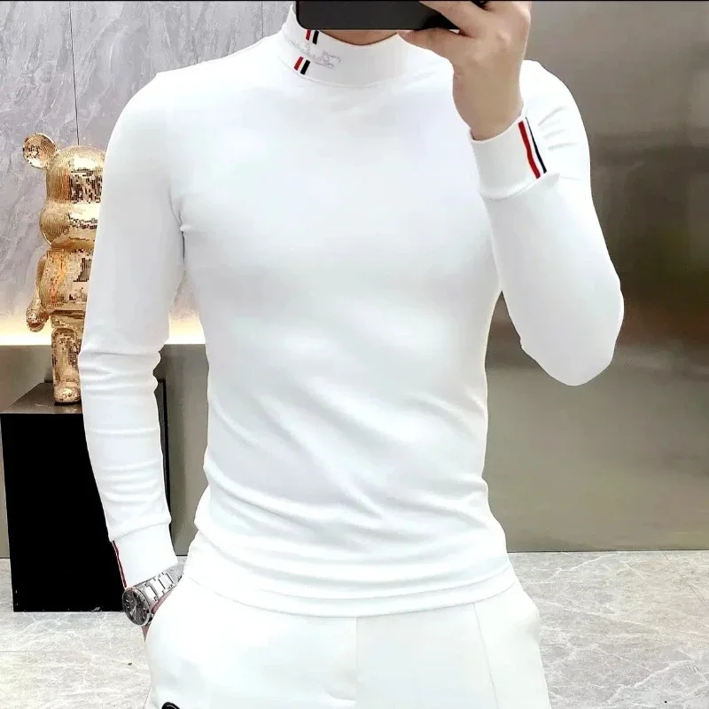 Spring Autumn Fashion Sweatshirt Men Trendy Handsome Velvet Warm Tops High-end Bottoming Long-sleeved T-shirt Chic Male Clothes