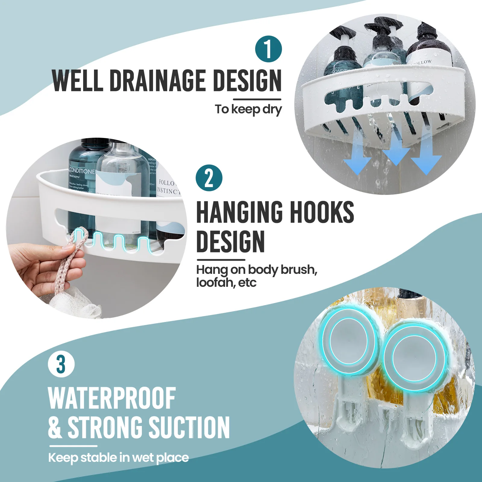 TAILI ركن دش العلبة شفط كأس لا الحفر للإزالة دش العلبة سلة قوية شفط الحمام دش الرف المنظم