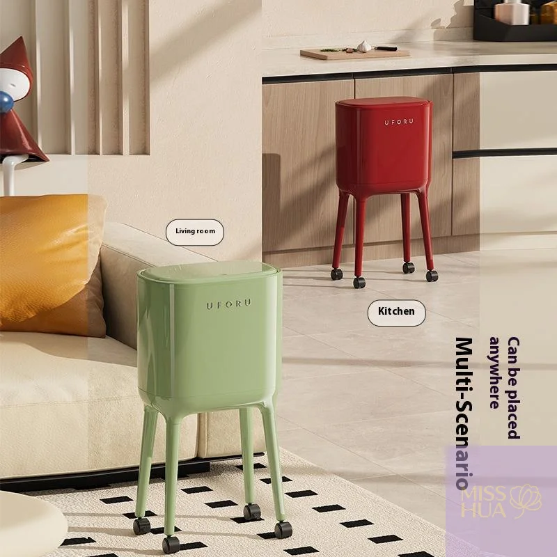 

2025 HUA HUA No-Bend High-Leg Trash Can With Press-to-Open Lid - Large Capacity Oval Kitchen & Living Room Bin, Durable Plastic