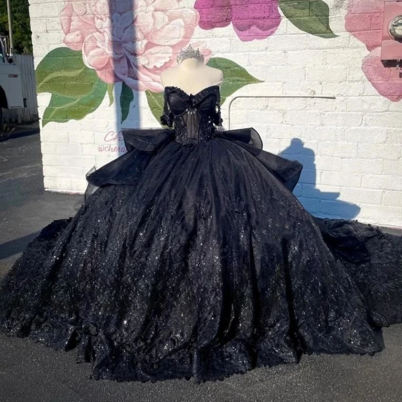 

Черное бальное платье Quinceanera, платья с открытыми плечами, аппликации, кружевные бусины, тюлевое платье с кристаллами для вечеринки, дня рождения, сладкое платье 16, Vestidos De