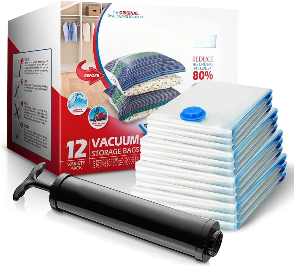 

Variety 12pk - Space Saver Vacuum Storage Bags Save 80% Clothes Storage Space - Vacuum Seal Bags