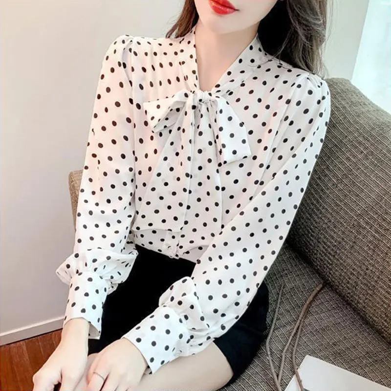 Women\'s Polka Dot Ribbon Shirt, Long Sleeve Tops, Korean Casual, All-Match, Loose, Simplicity, Spring, New Style Fashion