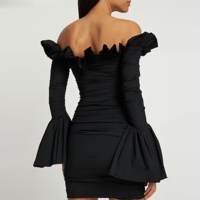 Chic Pleated Mini Dress Off Shoulder V Neck Flare Sleeve Black Short Prom Gowns To Party Dresses Above Knee Length