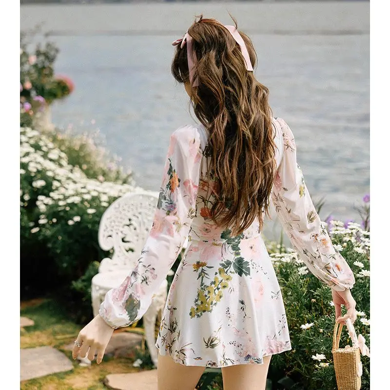 2023 New Summer Bohemian Asian Style V-neck Spliced Button High Waist Open Back Long Sleeve Sunscreen Holiday Dress Swimwear