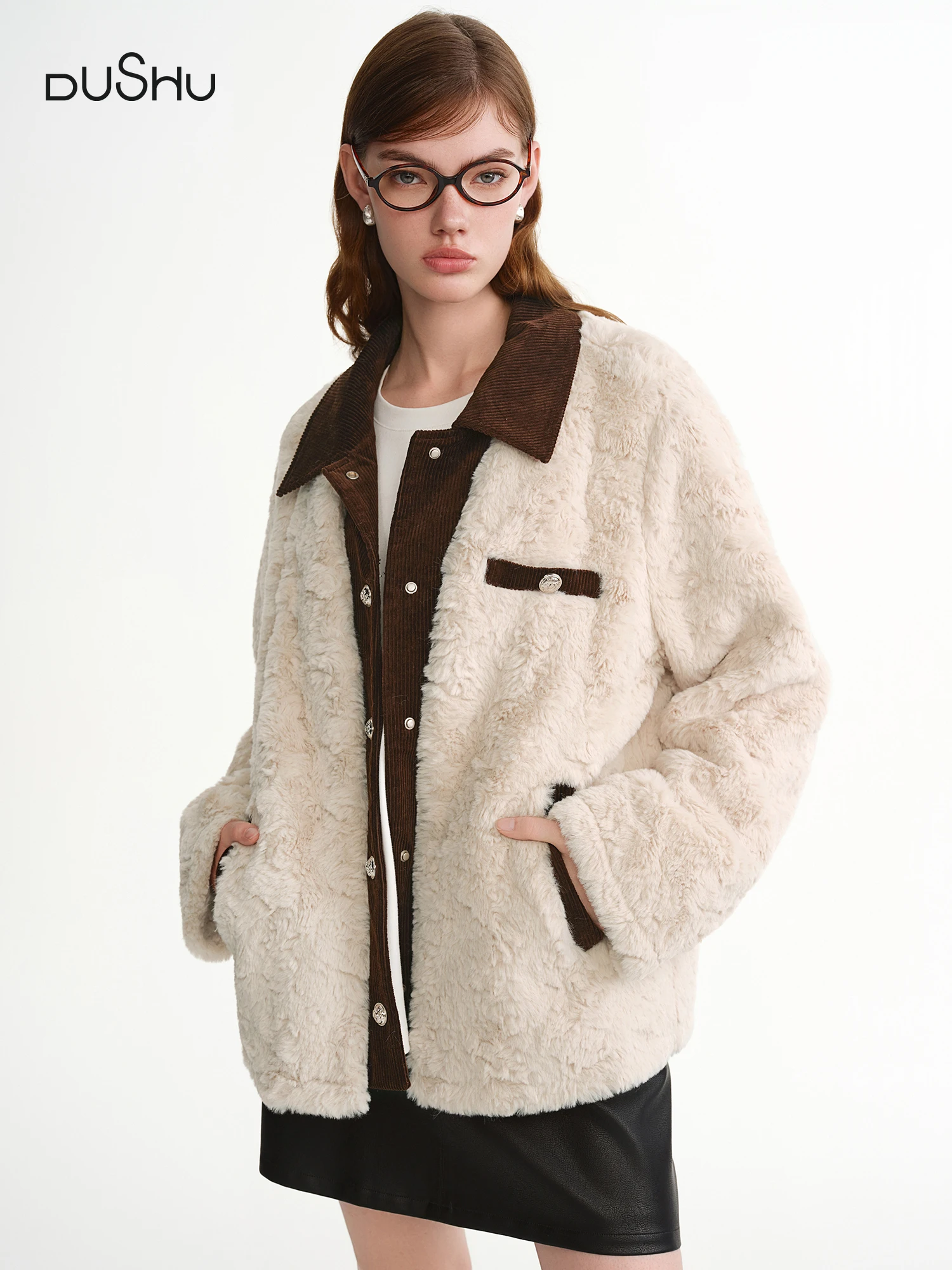 

DUSHU Corduroy Patchwork Cropped Jackets Women Coat Autumn and Winter Eco-friendly Faux Fur Retro Soft Daily Commuting Stylish