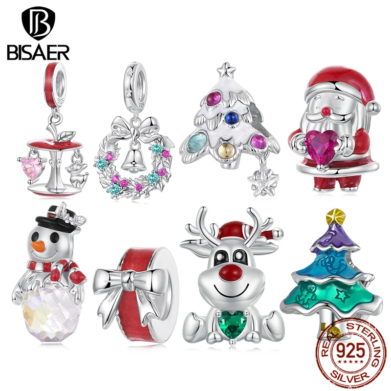 

BISAER стерлингового серебра 925 пробы, рождественская серия, очаровательная бусина, венок Санта-Клауса, дерево, яблоко, кулон, подходит для женщин, браслет «сделай сам», ювелирные изделия