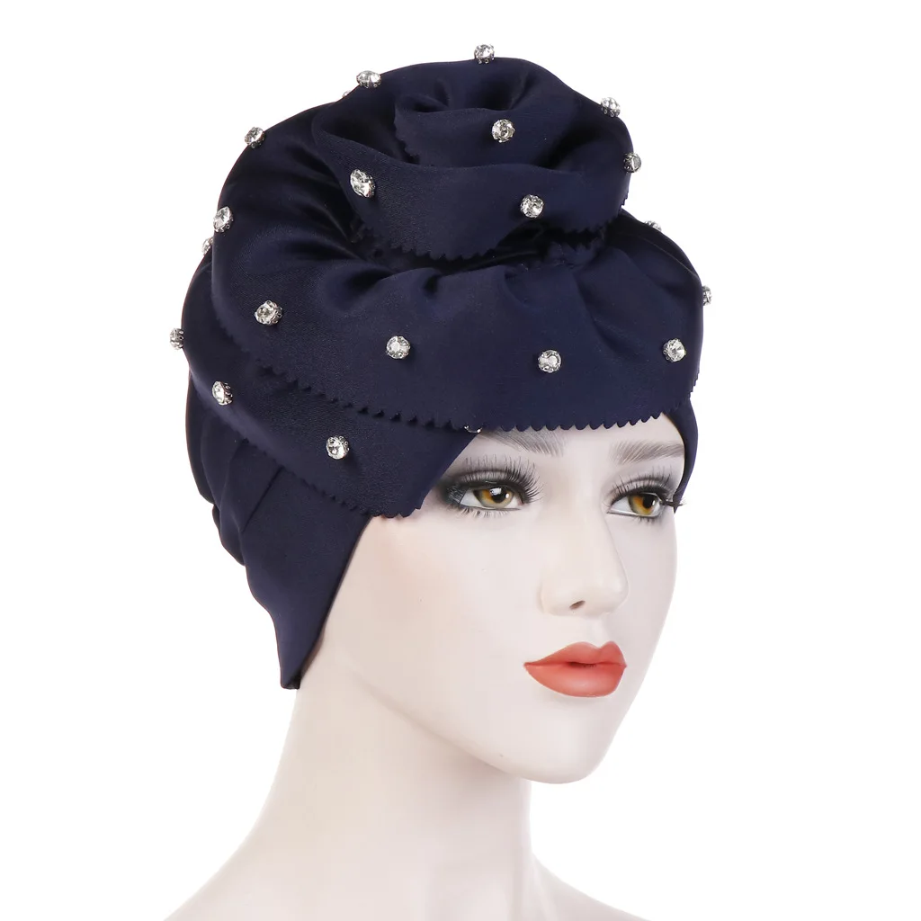 

New Big Flower Turban Chemo Cap Diamonds Fashion Muslim Hijab Bonnet Cancer Hair Loss Hat African Headtie Wedding Party Headwrap