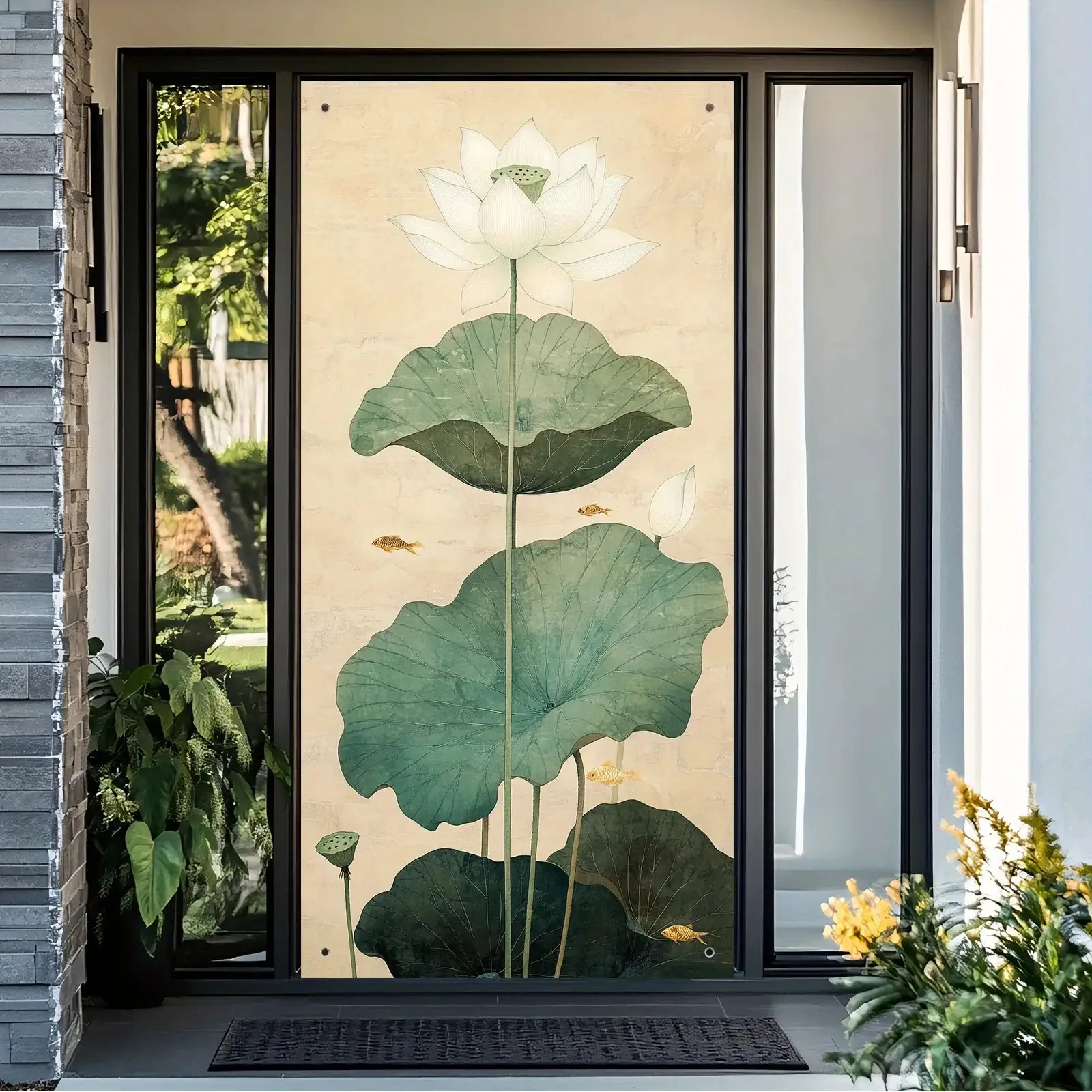 2D Flat Japanese Noren Door Curtain Lotus Leaves Pattern Beige Green Elegant Design Privacy Room Divider Easy Install