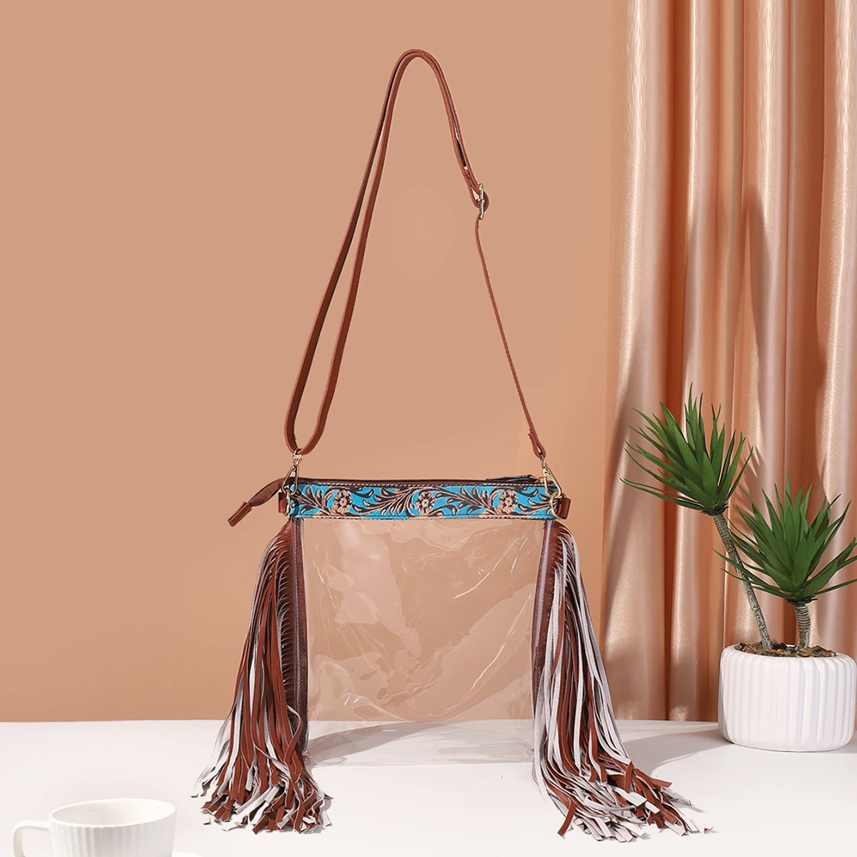 PVC Fashionable Tassel Crossbody Bag with Large Capacity Waterproof Women's Shoulder Bag Zippered Storage Bag Organizer Bag