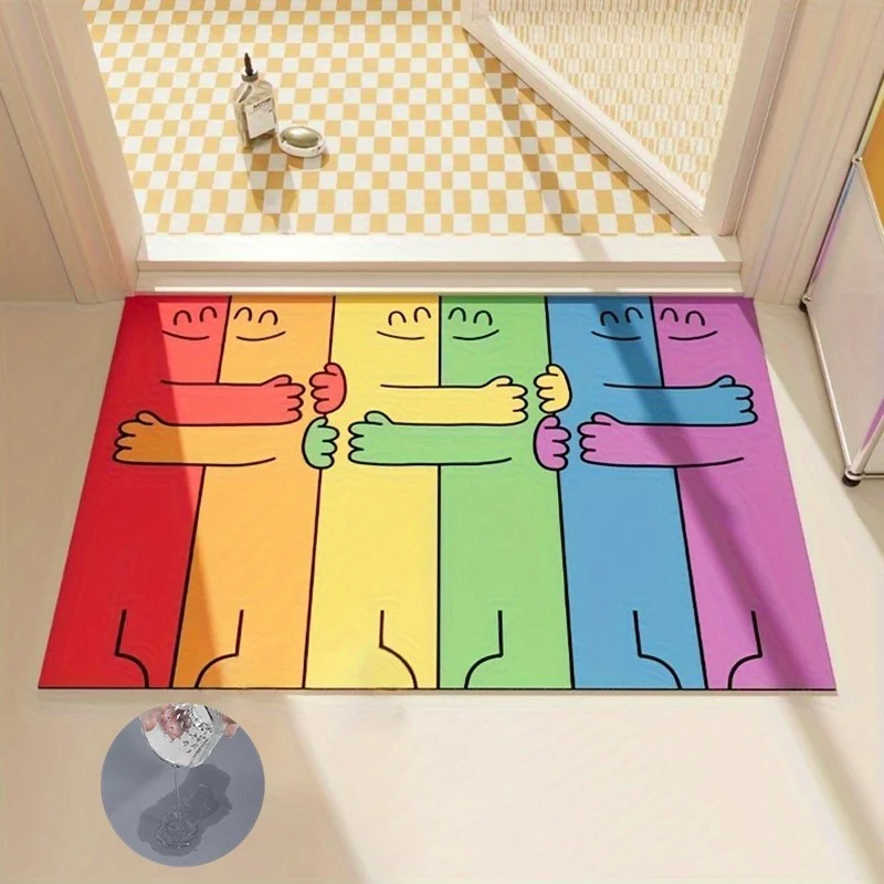 Cartoon Rainbow Hug Pattern Bathroom Floor Mats Super Absorbent Non-slip Carpet Doorway Quick Drying Foot Mat Decor Rug for Home