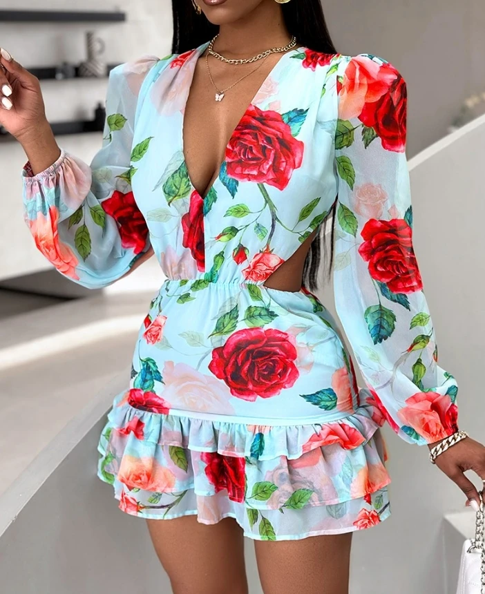 Women's Dress 2024 Sexy Long Sleeved Deep V-Neck Hollow Mini Dress Floral Print Ruffles Layered Dress A Line Casual Sexy Dress