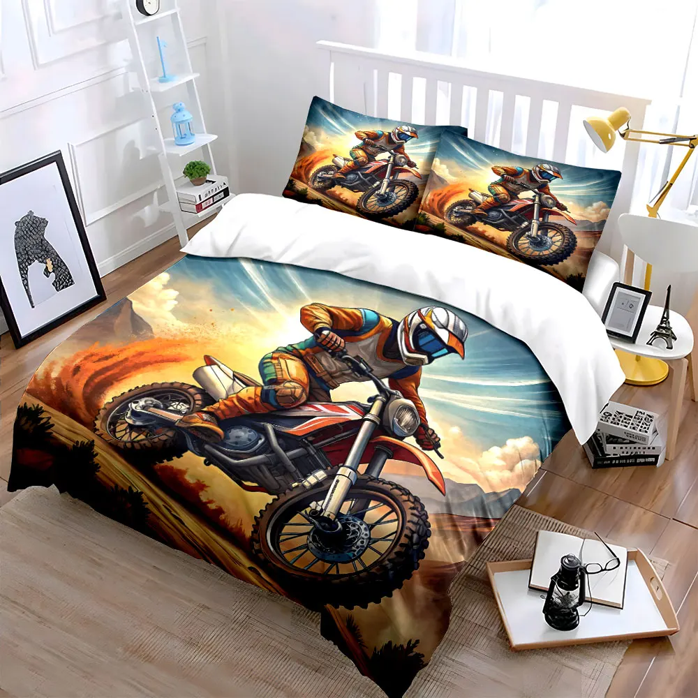 Off-road biker racing through mountains Print Bedding Set 1 Duvet Cover 2 Pillowcases for Adult and Children Luxury Gift