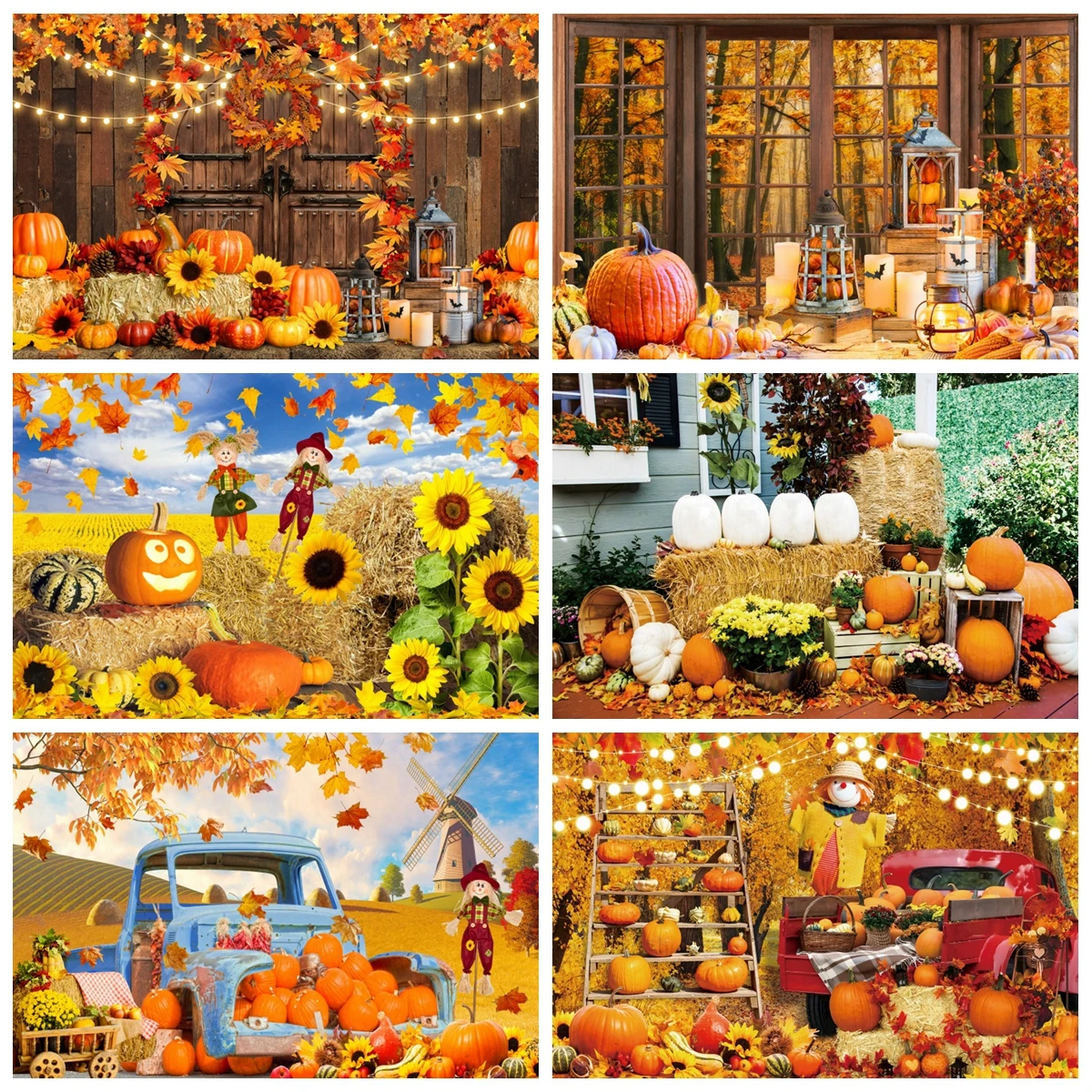 

Autumn Forest Photography Background Fall Barn Harvest Maple Leaves Sunflowers Pumpkin Farm Thanksgiving Party Photo Backdrop