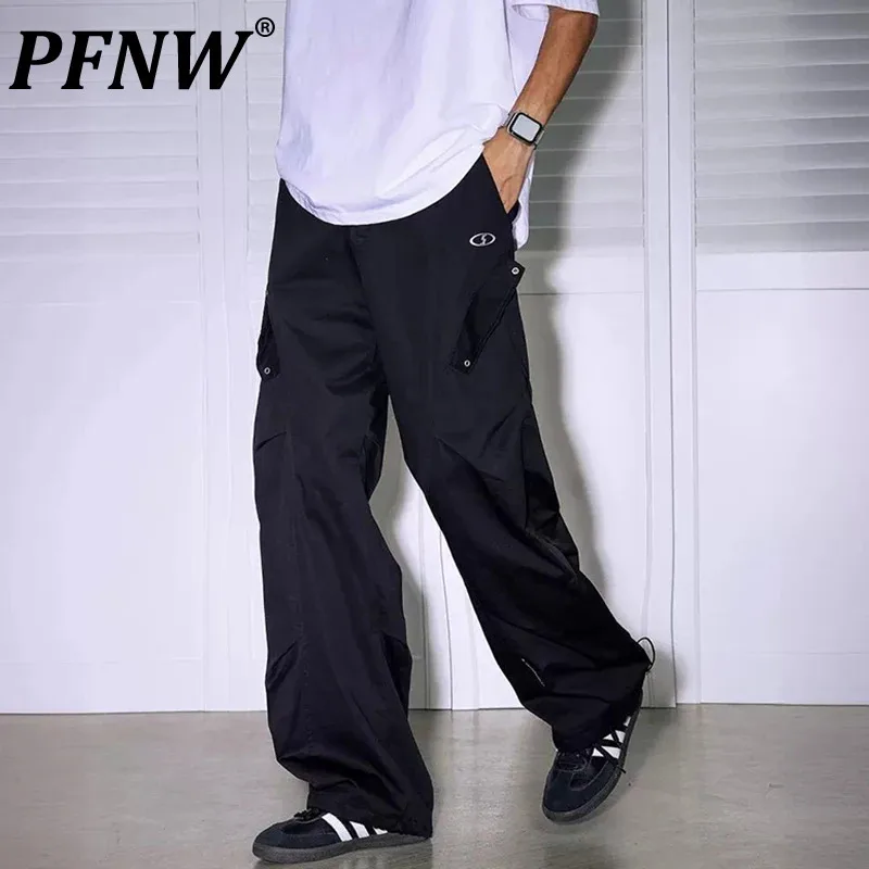 

PFNW New Trendy Men's Casual Pants Pleated Solid Color Straight Loose Wide Leg Drawstring Elastic Waist Male Trousers 12C1011