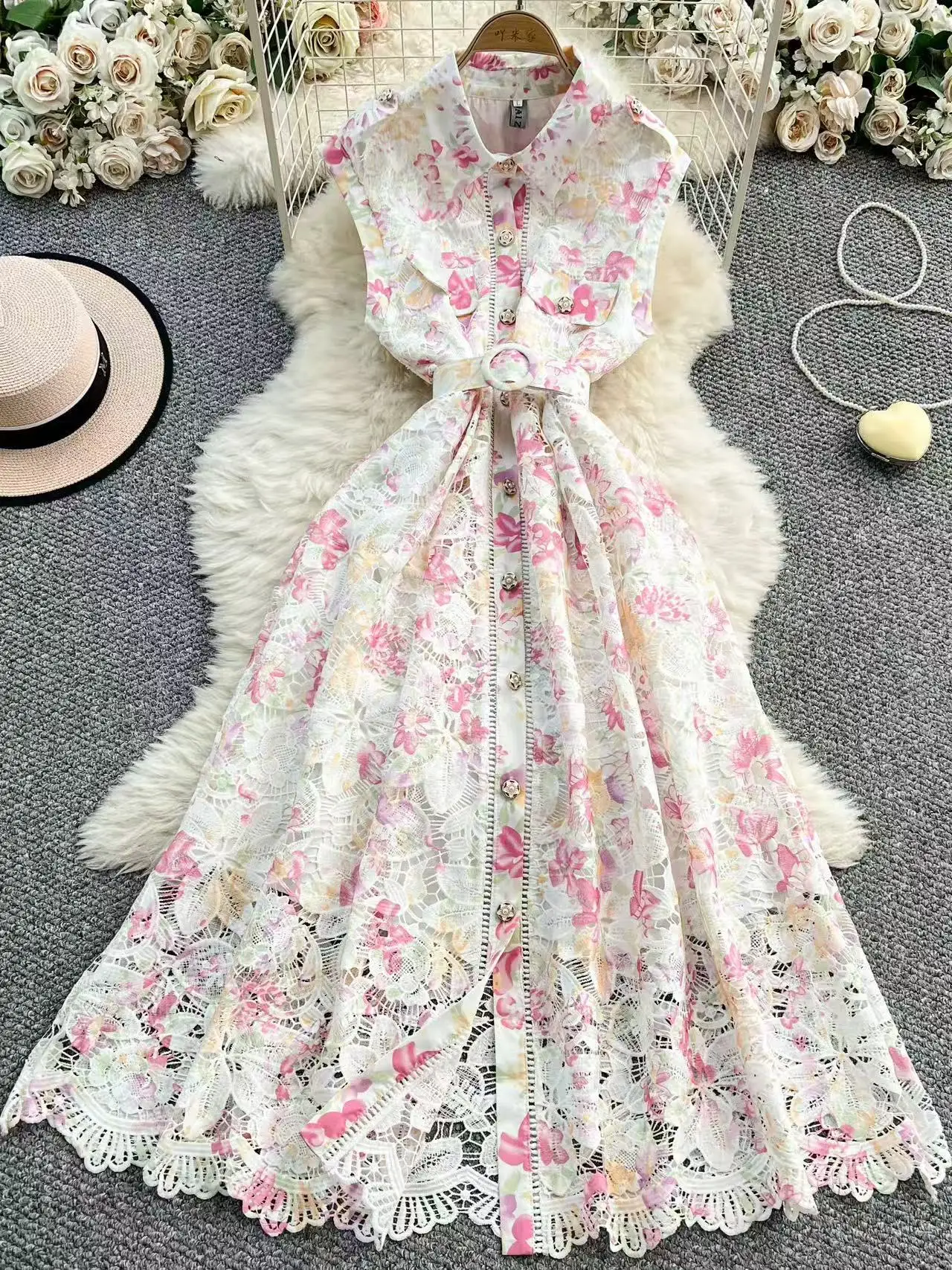 

Advanced Elegant Fashion Print Dresses Women's Summer Polo Single Breasted Slim Long Dress Light Luxury Party Dress With Belt