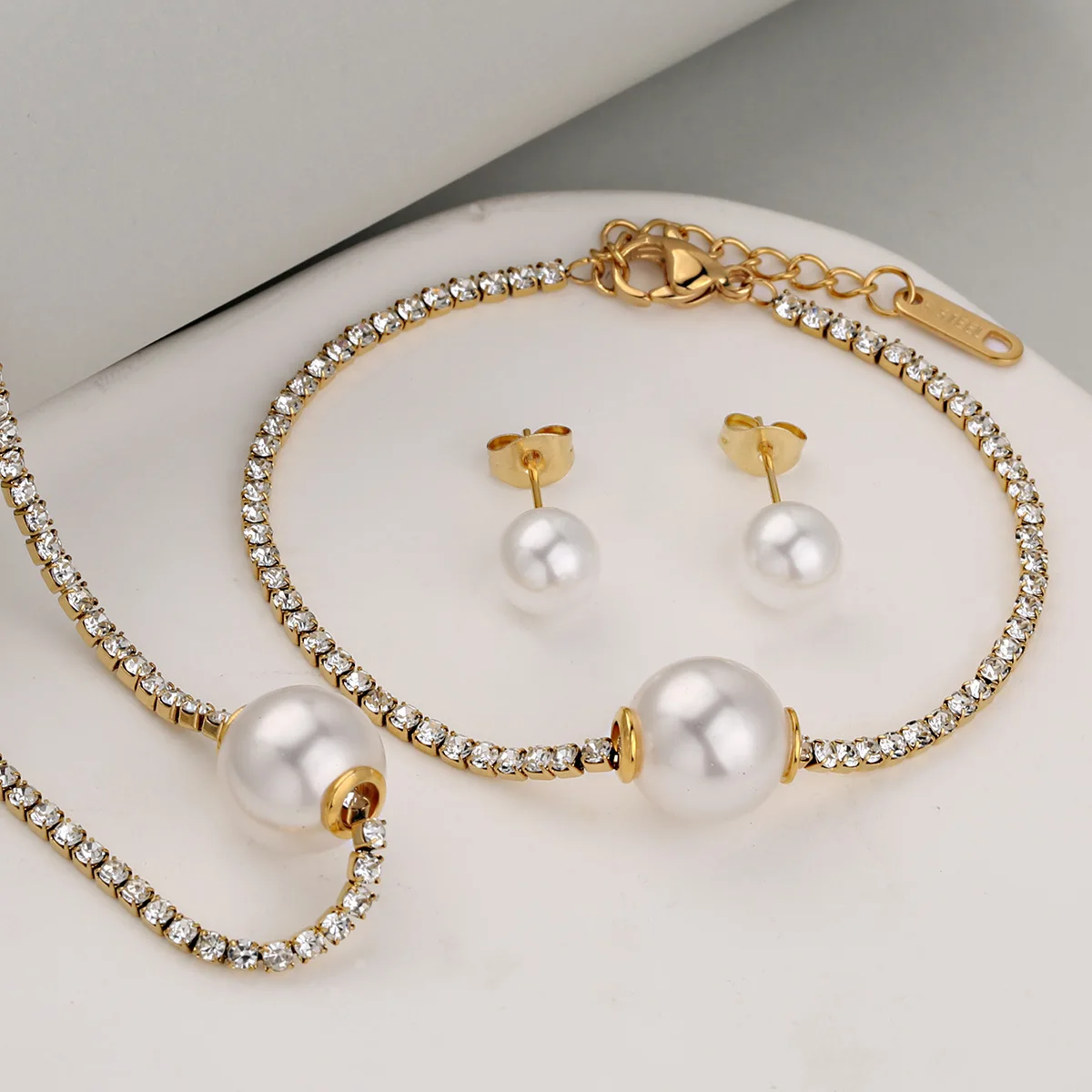 

Great Gift Diamond Imitation Pearl Lucky Stainless Steel Earrings Bracelet Necklace Set For Women, Decent & Meaningful