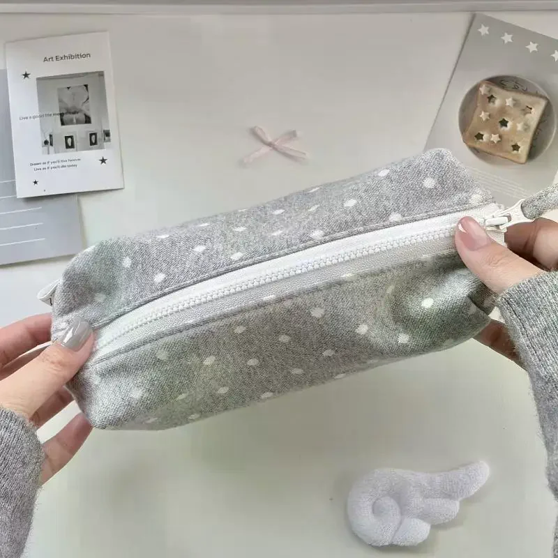 Portable Soft Grey Polka Dot Canvas Pencil Case Large Capacity Smooth Zipper For Students School Office Daily Stationery Storag
