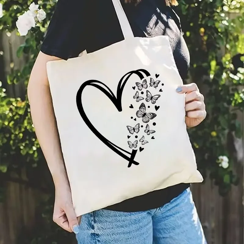 حقيبة يد للنساء موضة عيد الحب ليوبارد الحب القلب الجرافيك قماش حمل حقيبة تسوق سيدة حقيبة كتف حقائب كتب الطالب