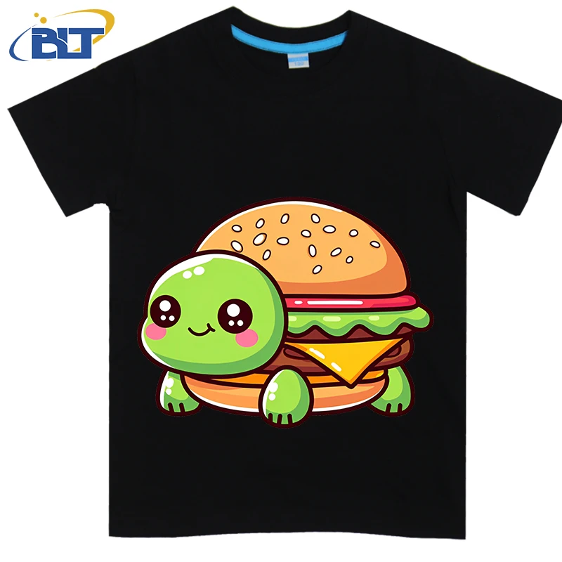 Burger turtle printed kids T-shirt Summer cotton short sleeves Casual tops for boys and girls