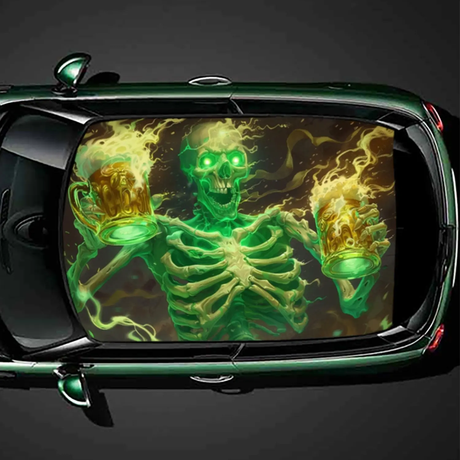 

Green Flame Skeleton with Beer Mugs PVC Car Roof Vinyl Wrap, Self-Adhesive Waterproof Automotive Sticker, Anti-Scratch Decorativ