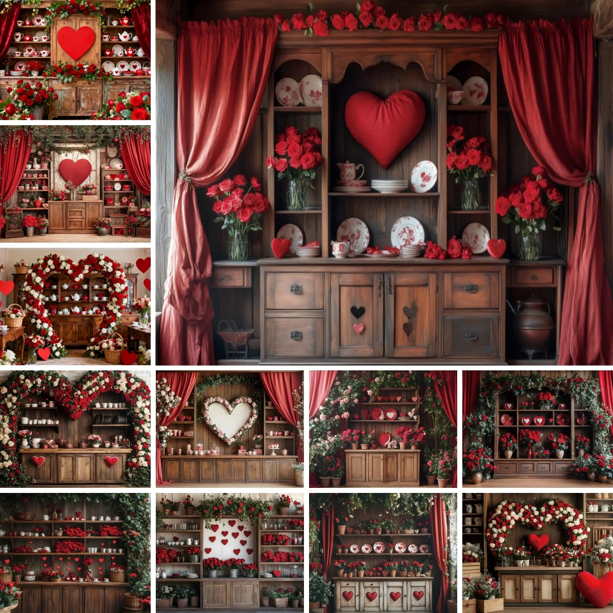 Yeele Valentine's Day Kitchen Background Red Roses Love Heart Retro Cabinet Dining Plate February 14th Couples Portrait Backdrop