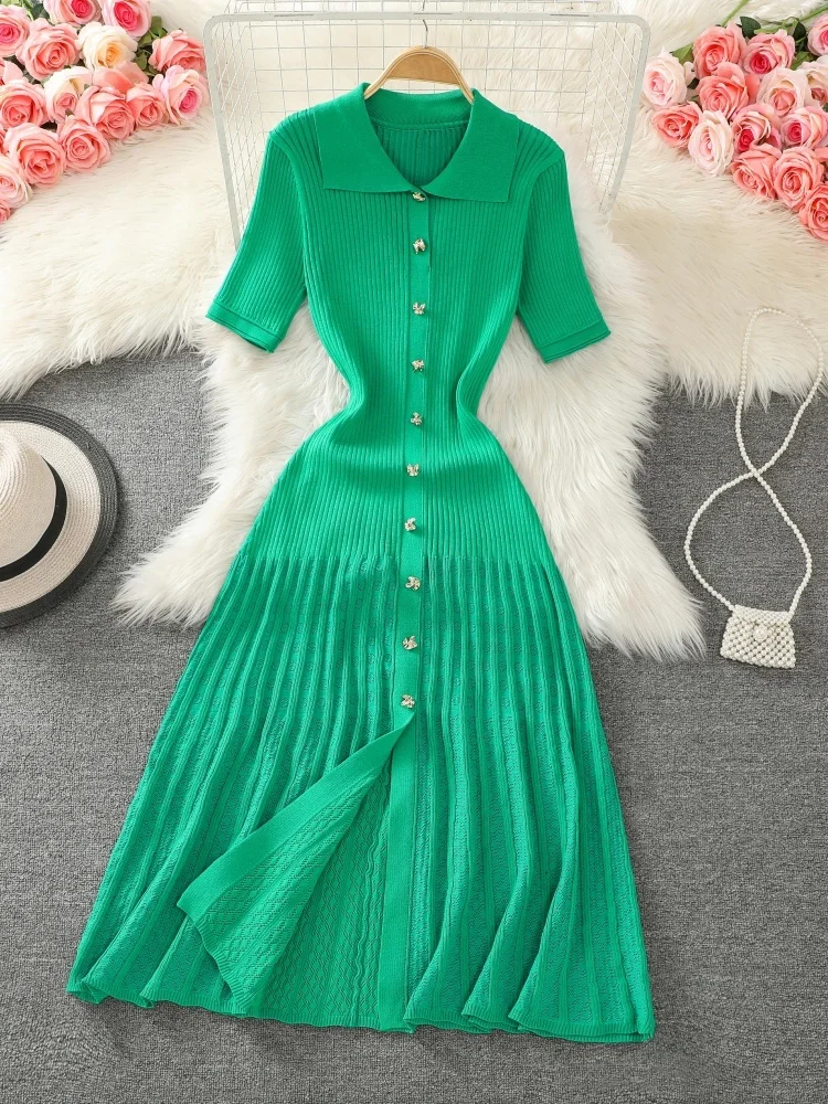 New Summer French Style Women Knitted Dress Short Sleeve Single-breasted Polo Neck Ladies Fashion Maxi Solid Dresses Vestidos