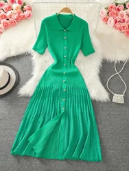 New Summer French Style Women Knitted Dress Short Sleeve Single-breasted Polo Neck Ladies Fashion Maxi Solid Dresses Vestidos