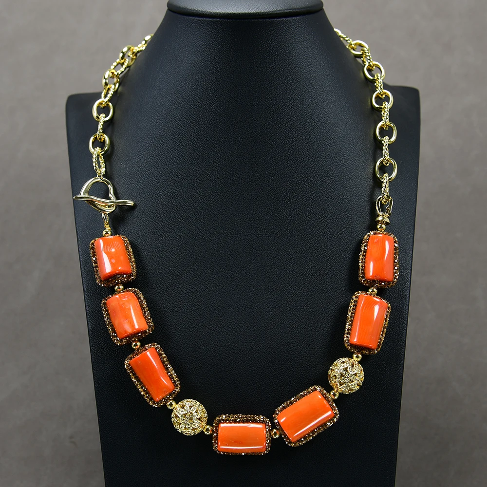 

G-G Orange Coral Branch Rhinestone CZ Pave Spacer Gems Beads Gold Plated Chain CZ Ball Necklace Handmade For Women Gifts