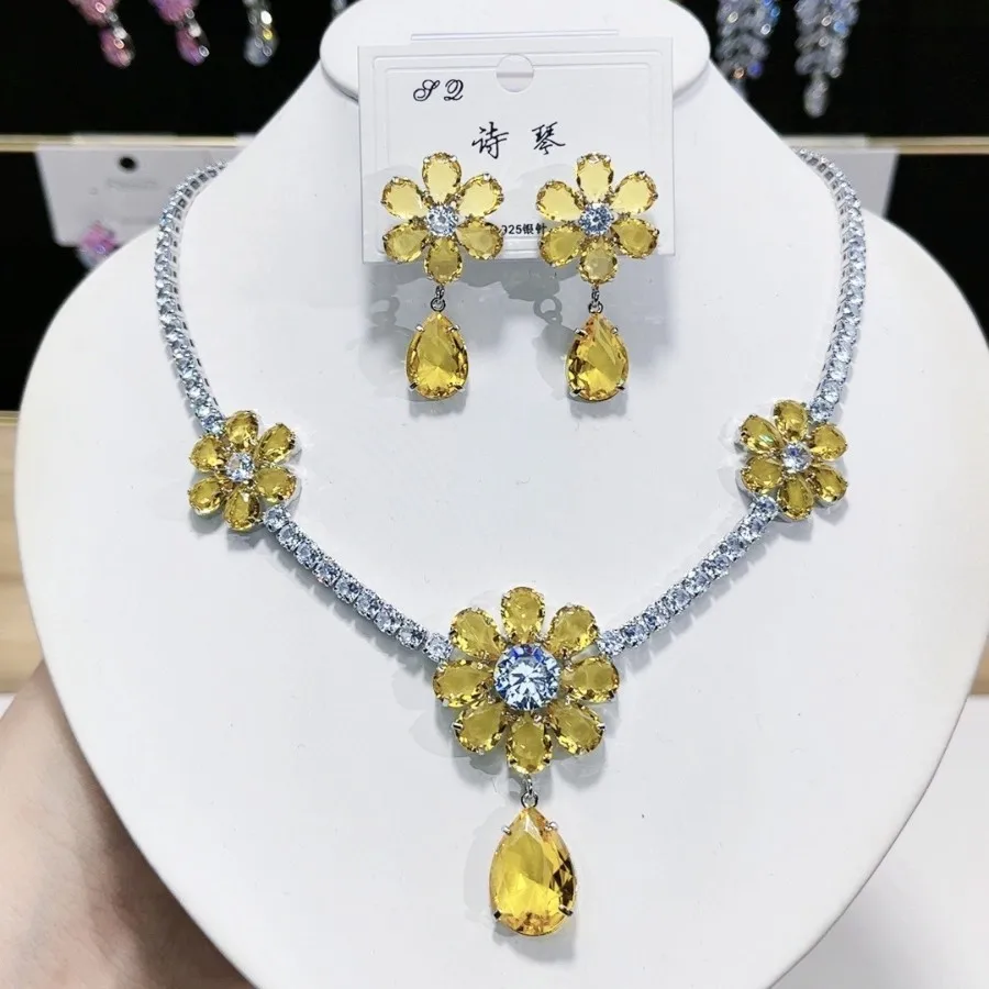 

New European and American style heavy industry zircon luxury necklace earring set with four night flower necklace temperament an