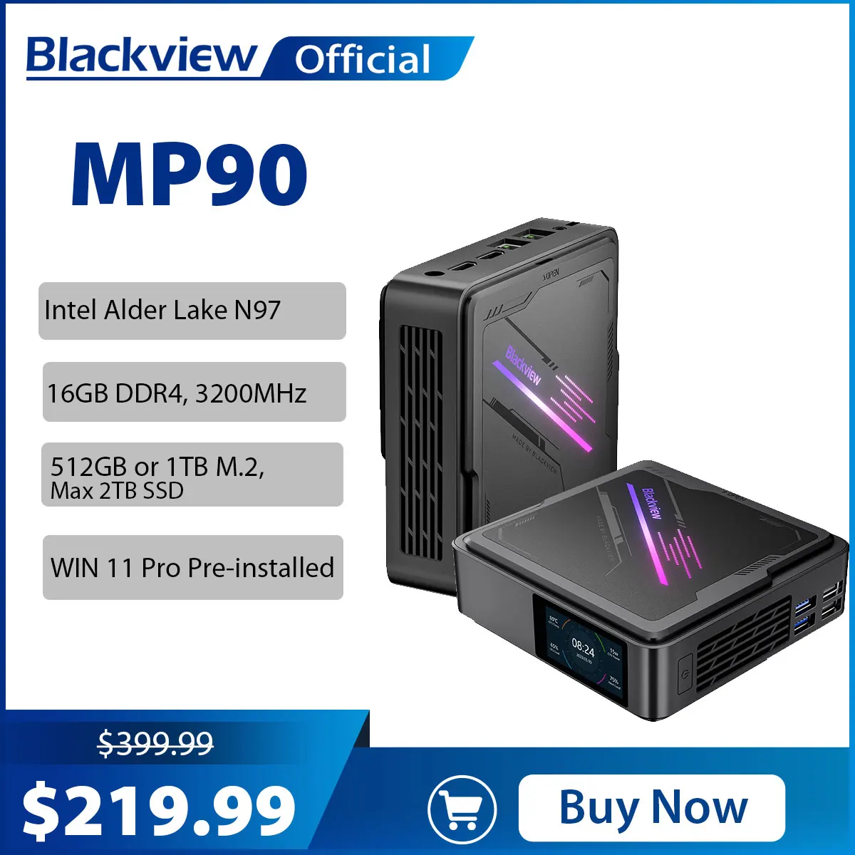 Blackview Mini PC MP90 Intel Alder Lake N97 Mini PC 4-Core 4-thread 16GB DDR4 512GB/1TB SSD Mini Desktop Gaming Computer VS GK3V