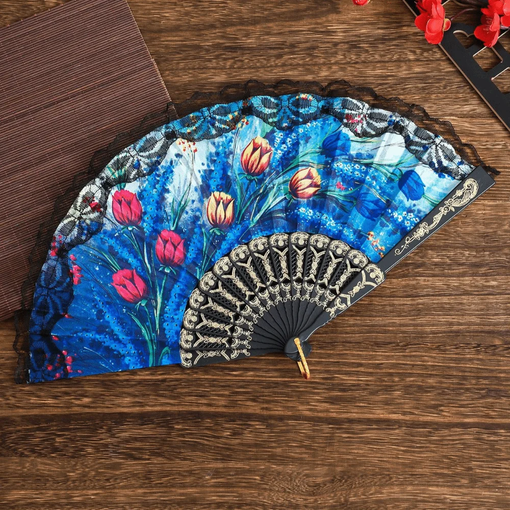Elegant Plastic Ribs Spanish Folding Fan Black Floral Printed Cloth Dance Prop Fan Lace Trim Edge Handheld Fan Gift