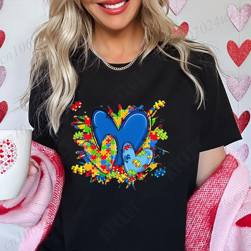 Women T-shirt Autism Awareness Love Heart Graphic Tops Acceptance Neurodiversity Shirts Fashion Female Summer Short Sleeve Tees