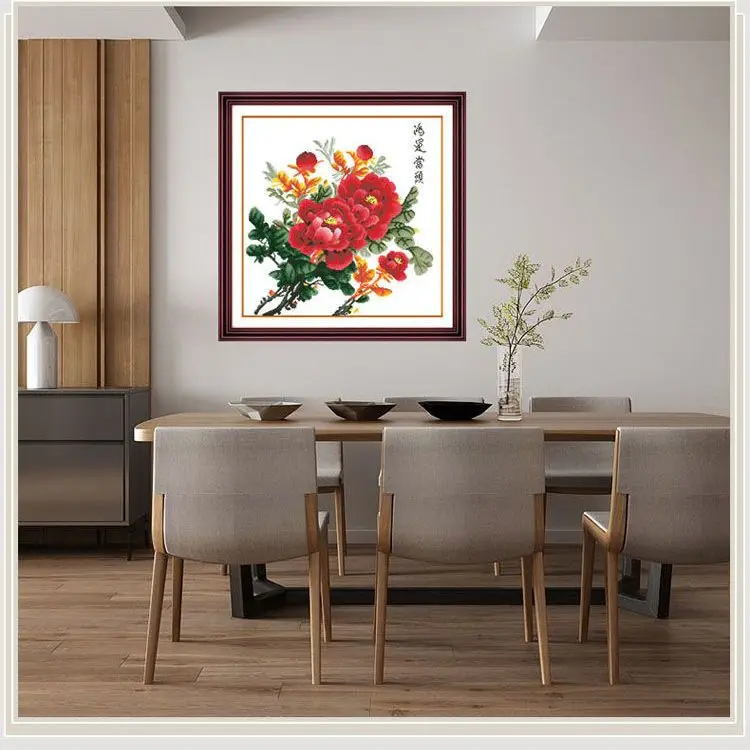 Handmade cross stitch finished product with good luck, flowers blooming, wealth and status, peonies, small picture, living room,