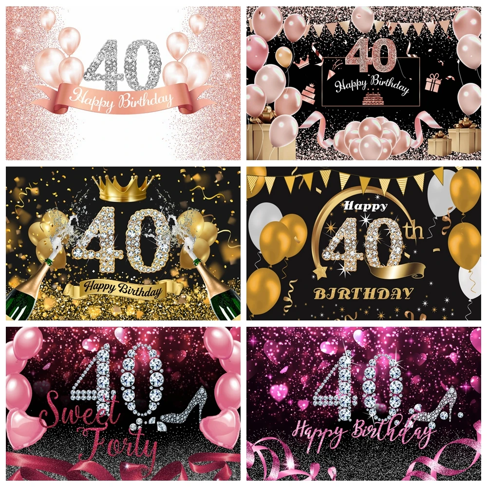 

40th Birthday Backdrop Golden Glitter Balloon Happy Birthday Party Decoration Adults Anniversary Photo Background Props Banner