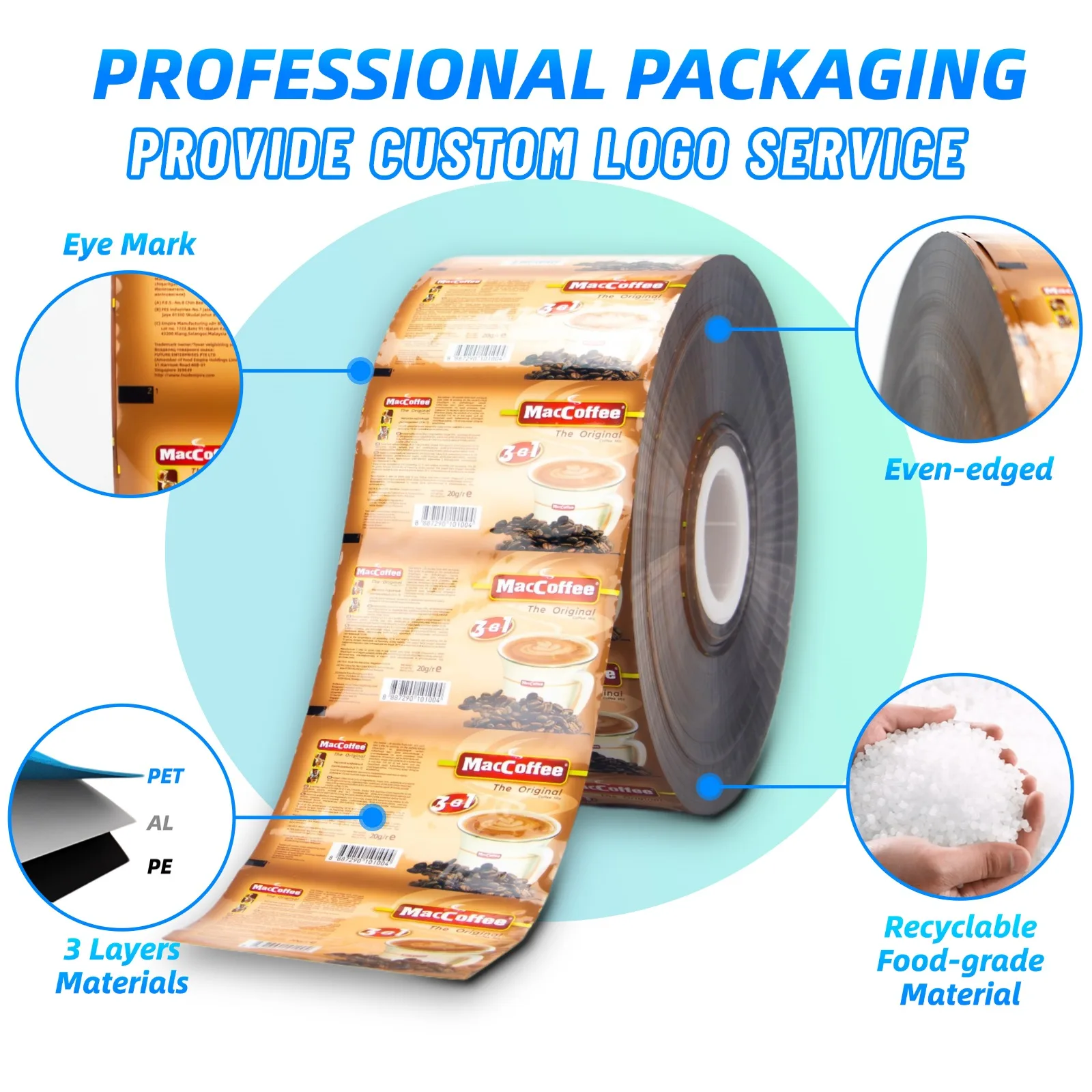 Custom Printing Moisture Proof Coffee Mix Powder Roll Film Packaging Aluminum Foil Roll Stock for Coffee