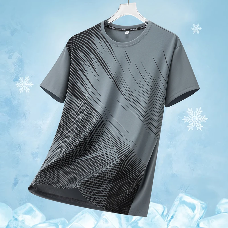 Summer Men's Casual Versatile Short Sleeved T-Shirt, Trendy and Breathable Ice Silk Quick Drying Sports Top, Running Shirt