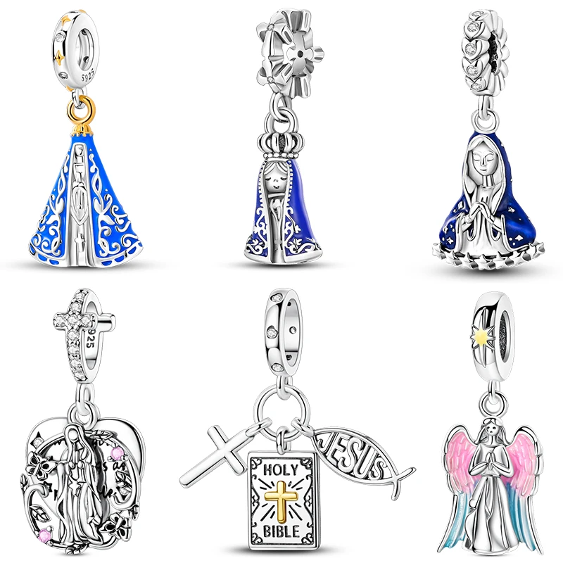 

Fit Original 925 Sterling Silver Charms Beads Nossa Senhora Aparecida Dangle Cross Charms Pendants For Women Fine DIY Jewelry