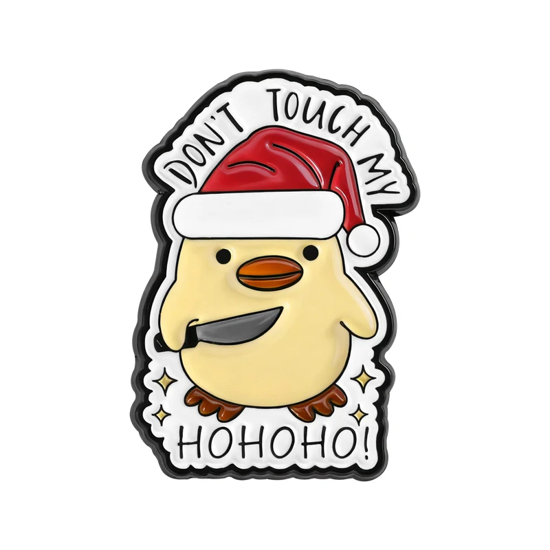 

Cartoon Christmas Yellow Duck With Knife Enamel Pins Don't Touch My Hohoho! Brooches Clothes Lapel Badge Jewelry Gift for Friend